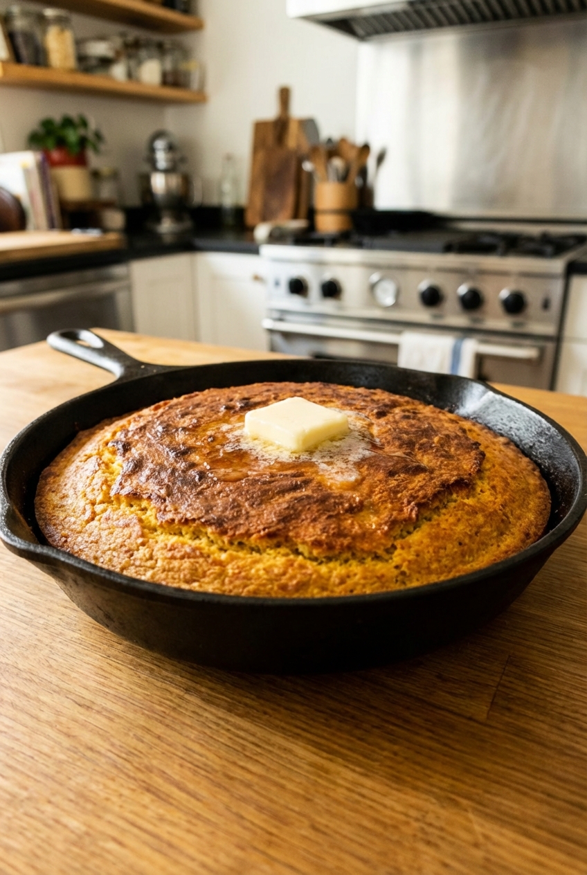 A skillet of cornbread with a golden crust and a pat of melting butter in the center