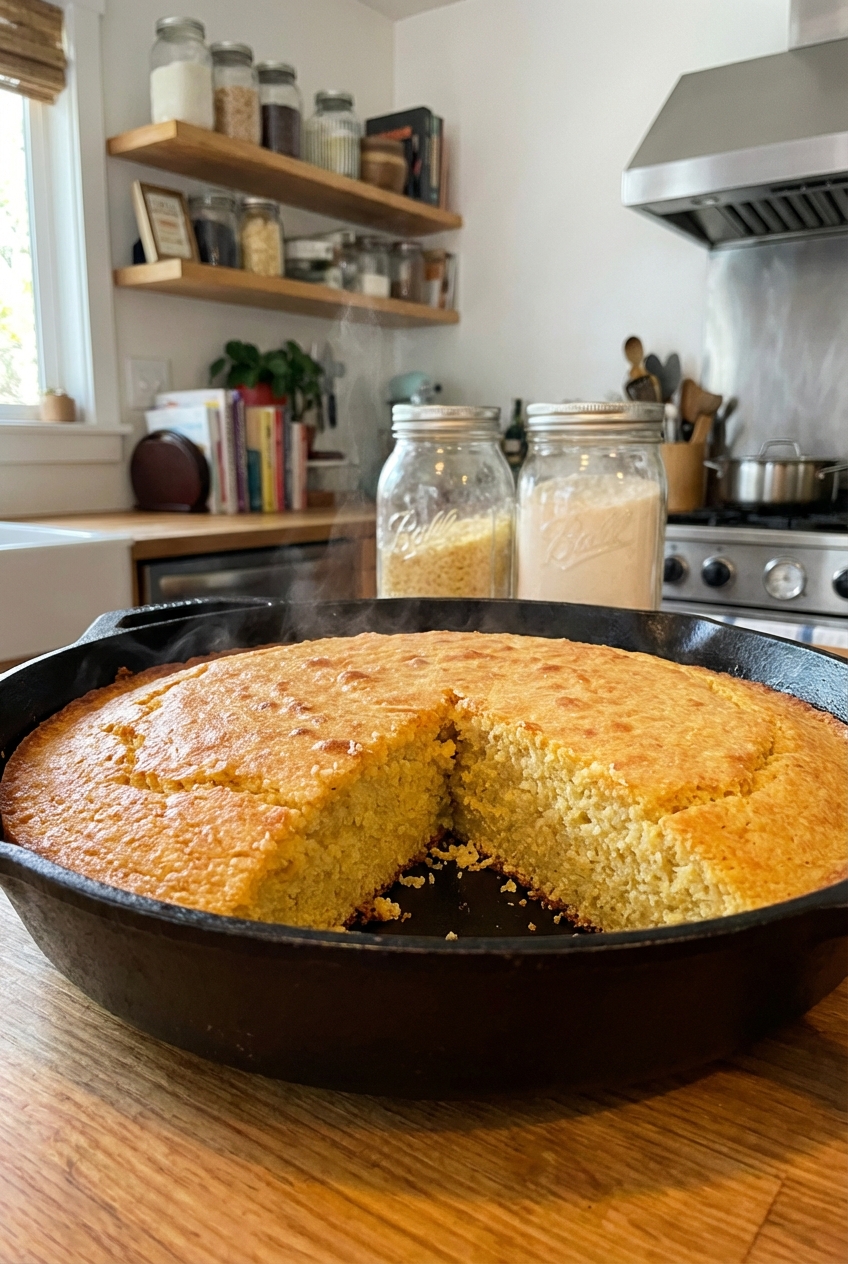 A skillet of cornbread with a slice removed showing a tender crumb