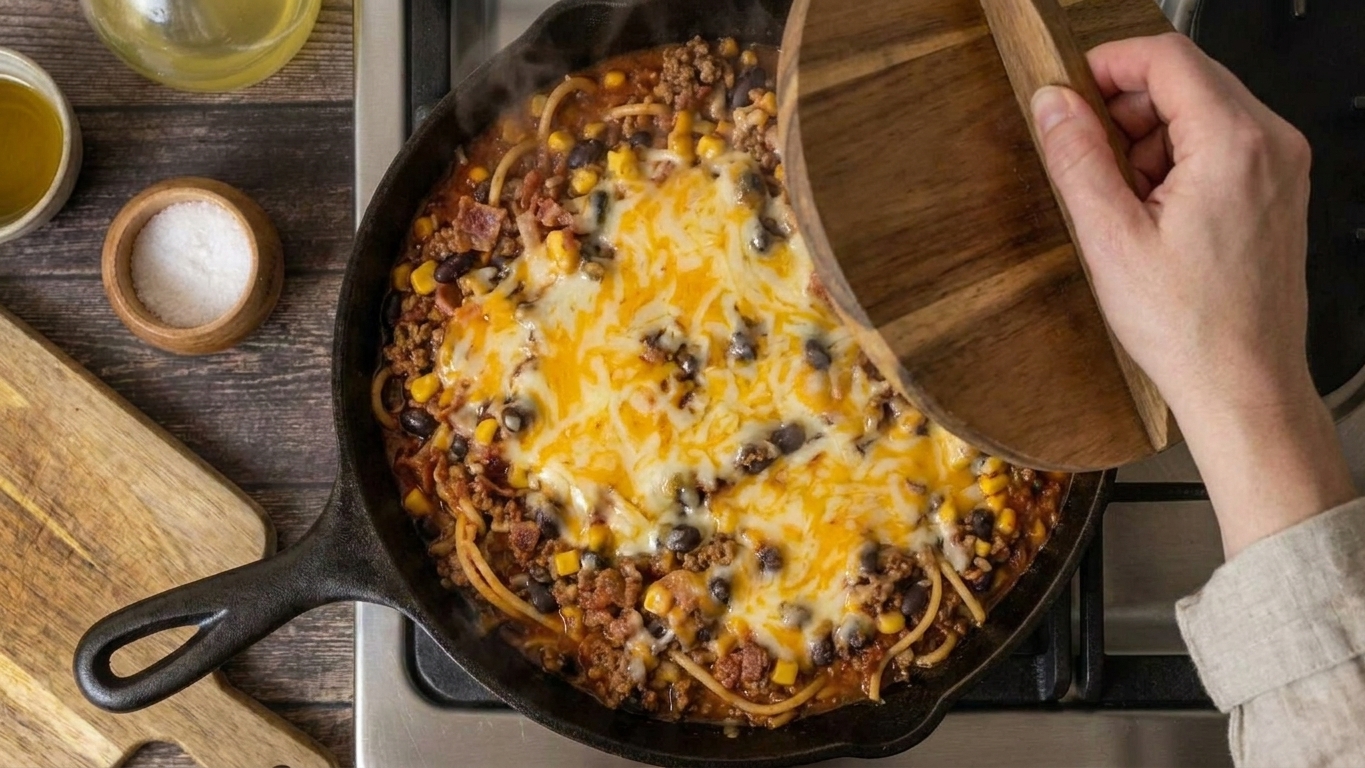 A skillet of cowboy spaghetti on the stovetop with shredded cheddar melting across the top under a partially covered lid