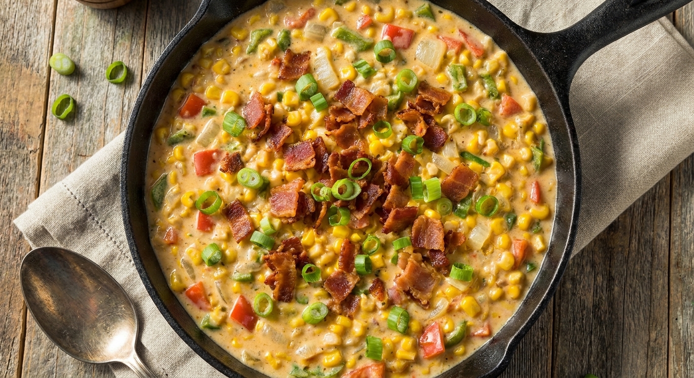 A skillet of creamy Cajun maque choux topped with crispy bacon pieces and sliced green onions, shot from above on a wooden table, real food photography style
