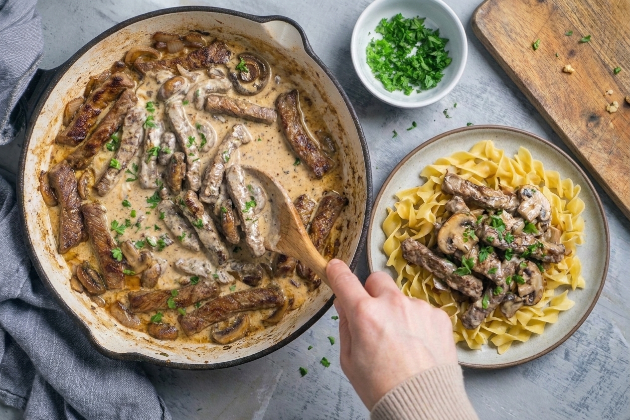A skillet of creamy beef stroganoff with mushrooms and onions, served over egg noodles on a warm kitchen table with soft natural light