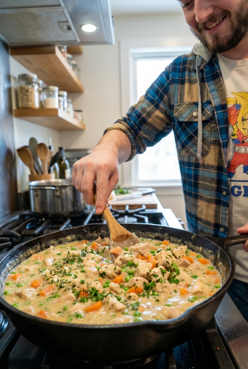 A skillet of creamy chicken pot pie filling with chicken, carrots, peas, and herbs being stirred with a wooden spoon