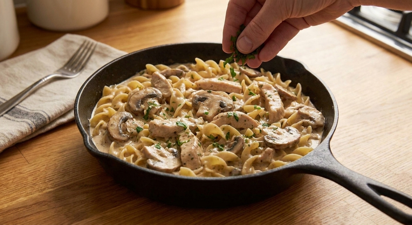 A skillet of creamy chicken stroganoff with mushrooms and egg noodles, finished with chopped parsley