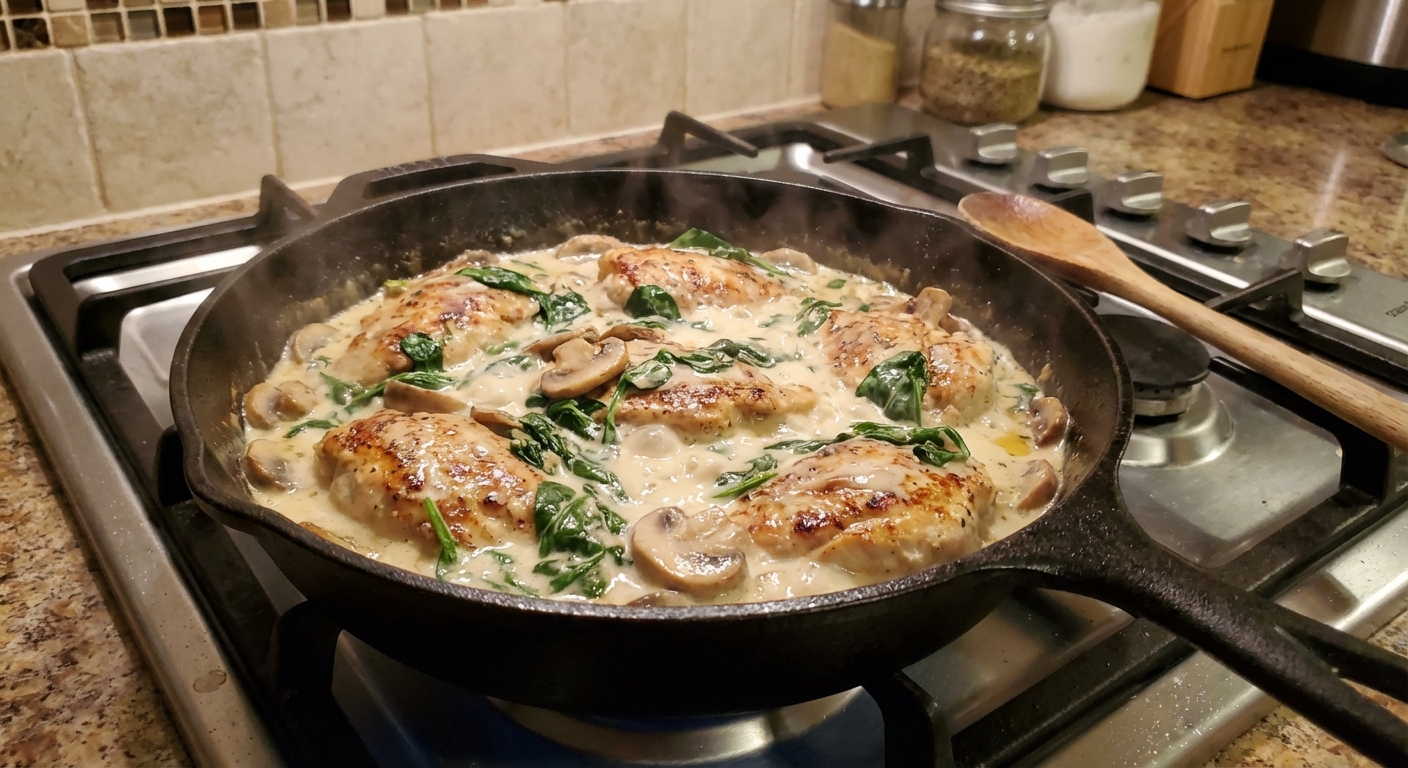 A skillet of creamy chicken with golden seared pieces, wilted greens, and mushrooms in a pale, glossy sauce on a stovetop