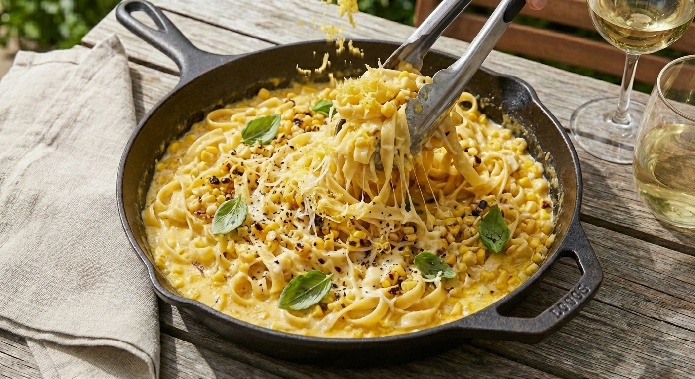 A skillet of creamy corn pasta being tossed with tongs, with lemon zest and parmesan melting into the sauce