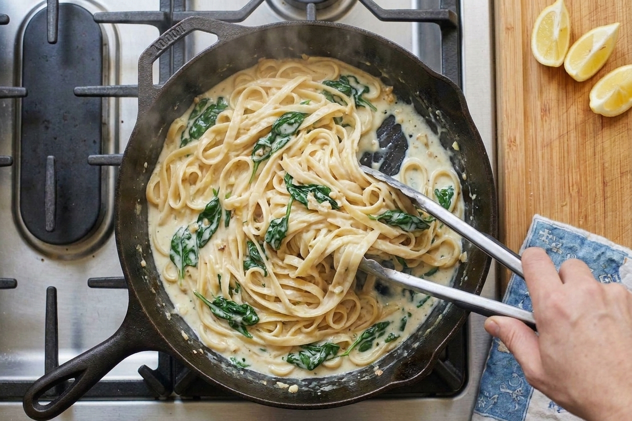 A skillet of creamy pasta being tossed with tongs, sauce glossy and clinging to noodles with wilted spinach visible