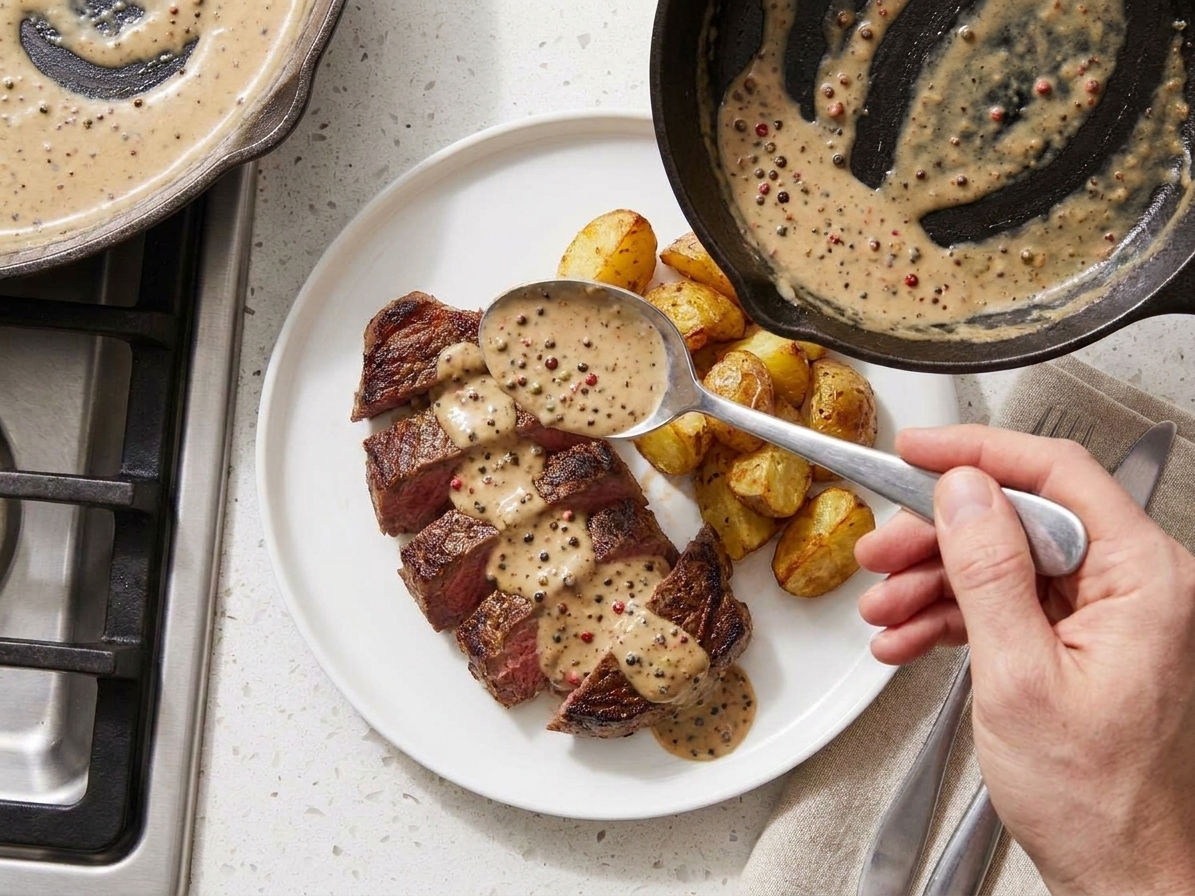 A skillet of creamy peppercorn sauce being spooned over sliced steak on a white plate with roasted potatoes on the side