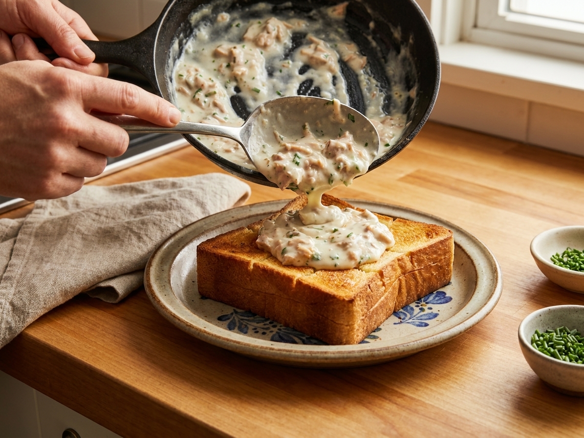 A skillet of creamy tuna white sauce being spooned over golden toast on a simple stoneware plate on a warm kitchen counter
