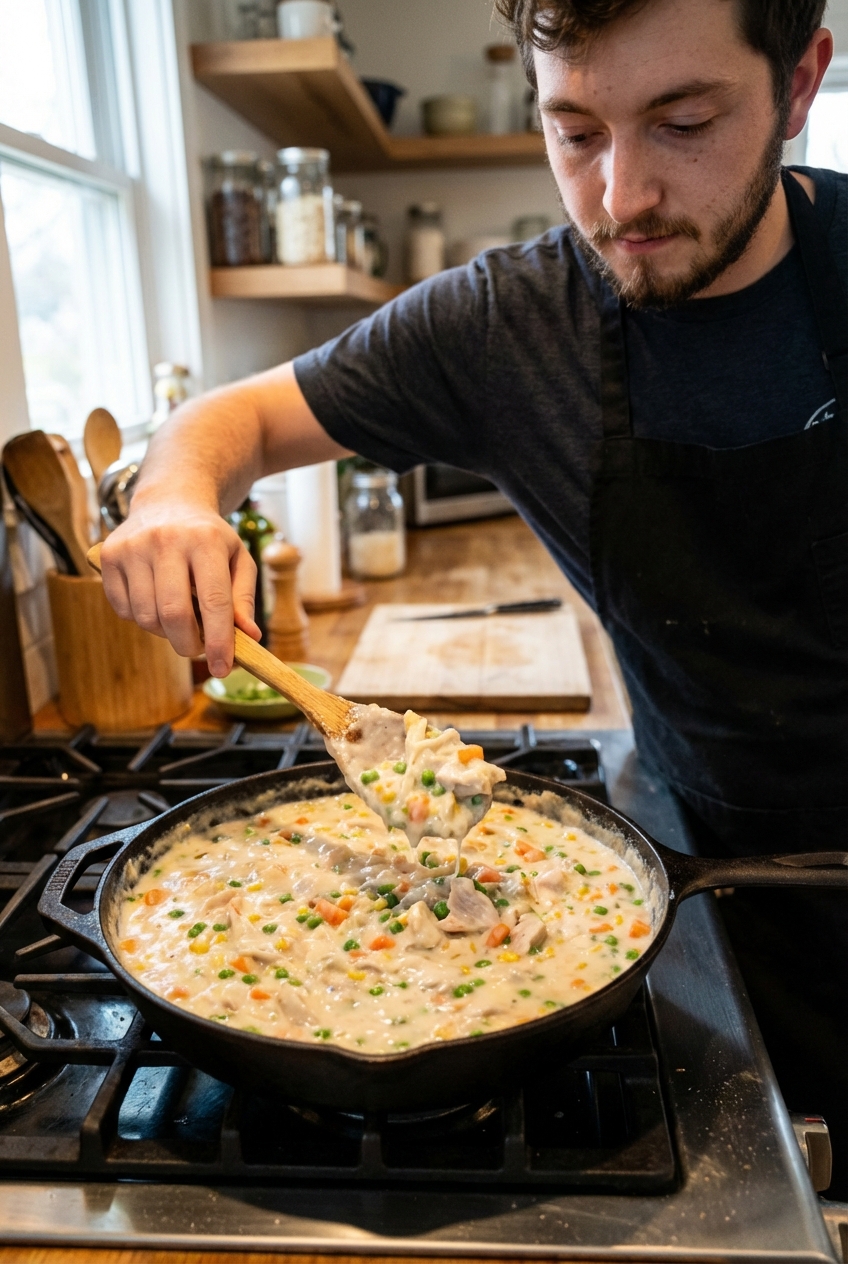 A skillet of creamy turkey and vegetable filling being stirred with a wooden spoon on a stovetop