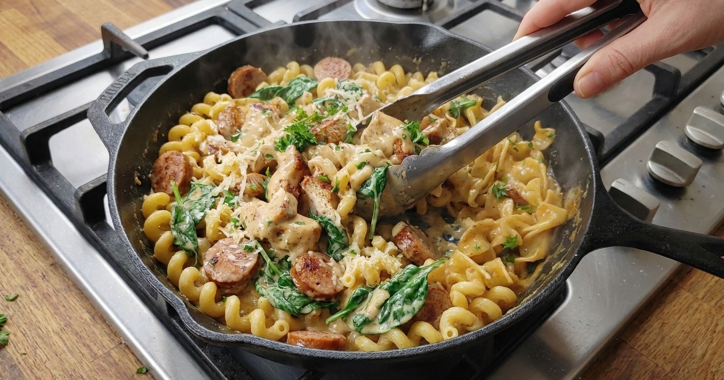 A skillet of creamy turkey sausage pasta being tossed with tongs as spinach and Parmesan melt into the sauce on a stovetop