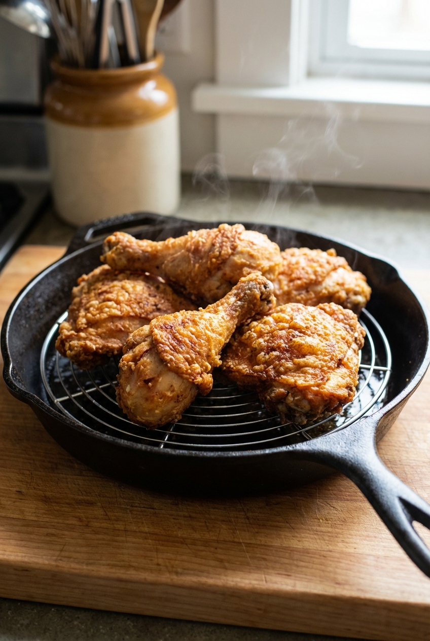 A skillet of crispy fried chicken pieces resting on a wire rack