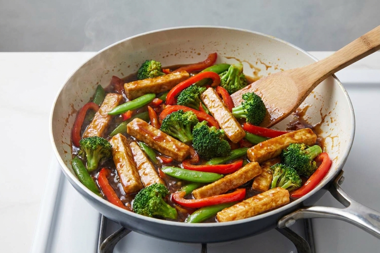 A skillet of crispy tofu stir fry with broccoli, bell peppers, and snap peas coated in a glossy sauce on a stovetop