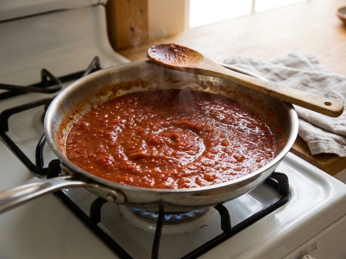 A skillet of crushed tomatoes simmering into a thicker sauce, with a wooden spoon resting on the rim