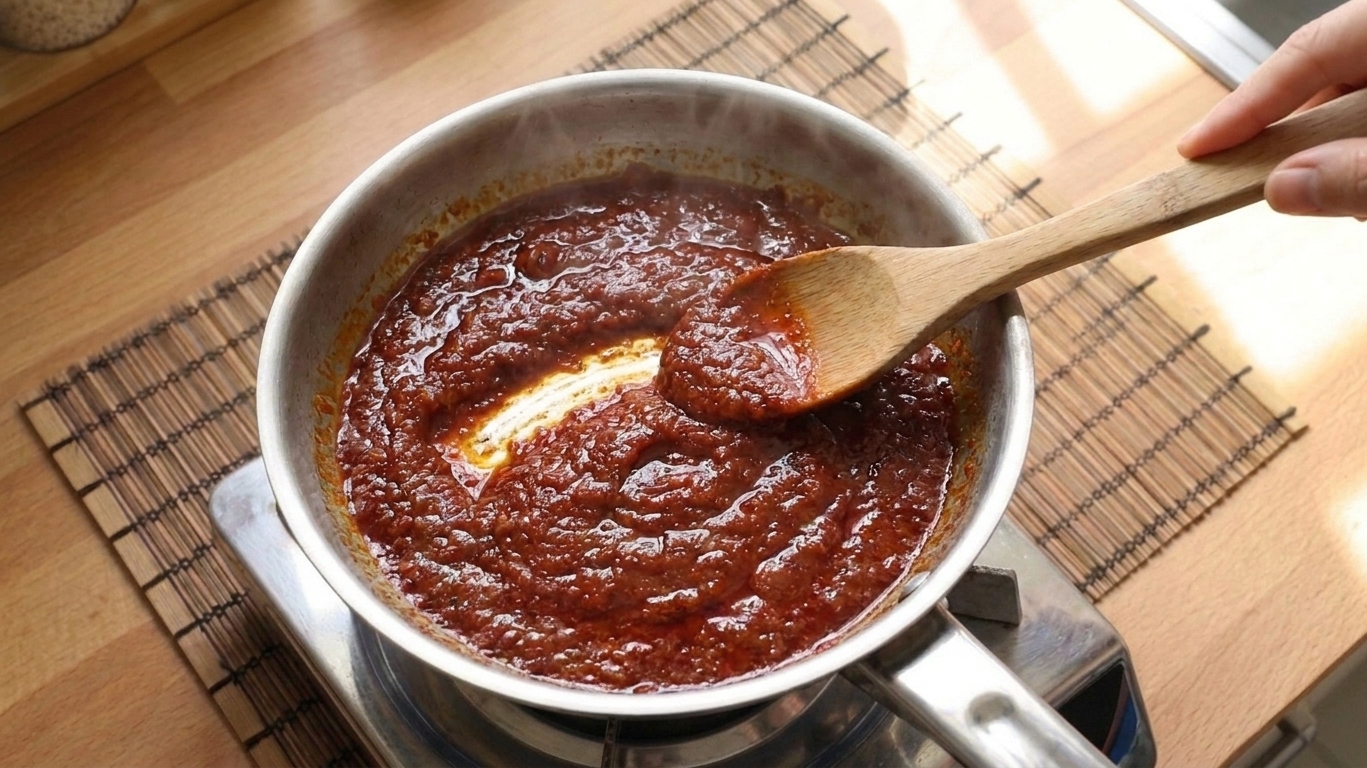 A skillet of deep red sambal simmering and turning glossy, with a wooden spoon dragging a line through the sauce on a stovetop