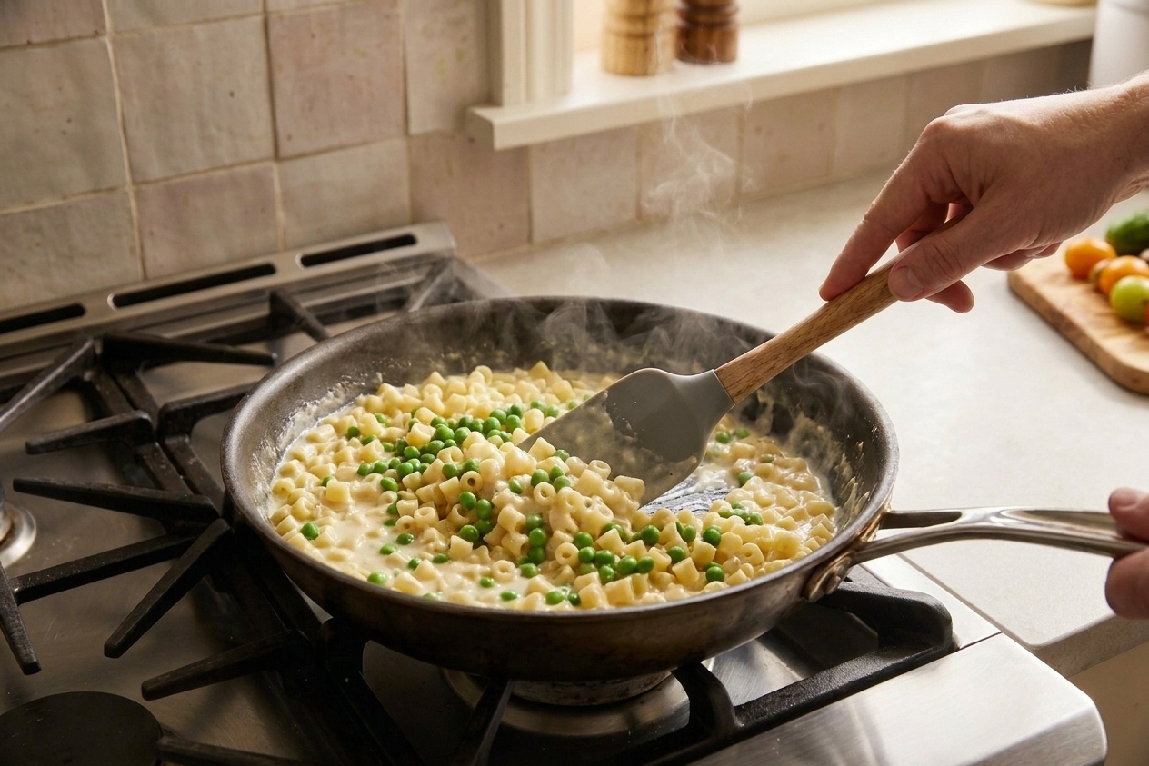 A skillet of ditalini pasta being tossed in a creamy Parmesan sauce with peas, a silicone spatula folding the pasta through