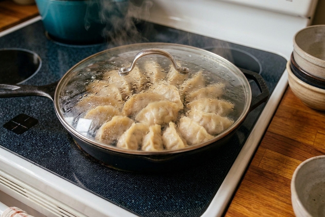 A skillet of dumplings steaming under a glass lid on a stovetop with condensation visible