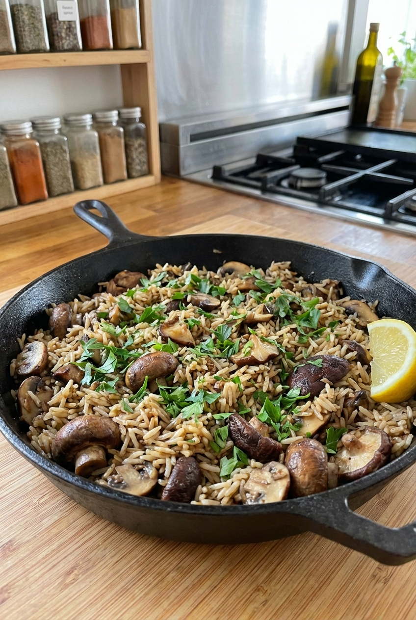 A skillet of earthy mushroom rice with browned mushrooms, fresh parsley, and a lemon wedge on the side