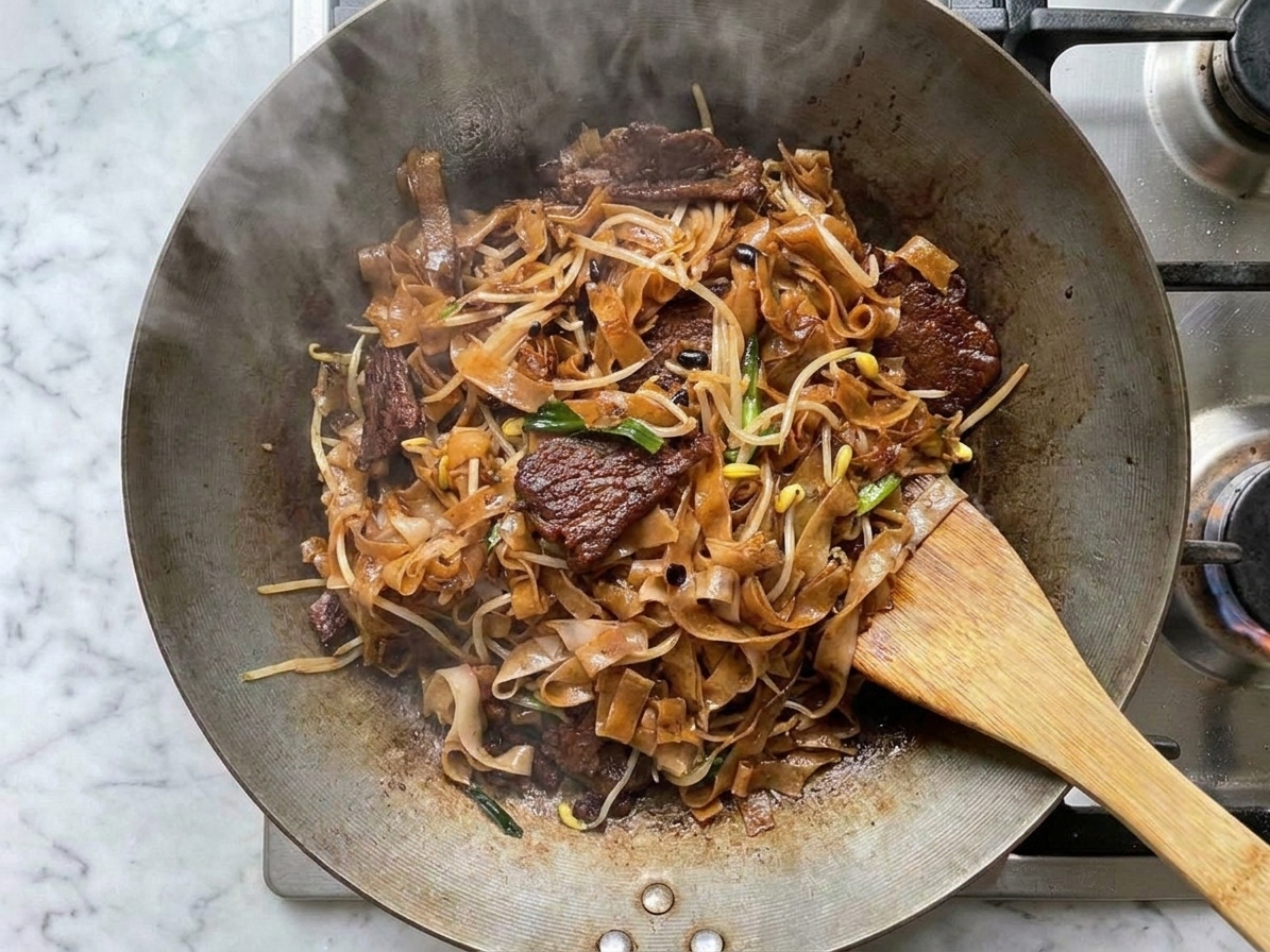 A skillet of finished beef chow fun with glossy noodles, beef slices, bean sprouts, and scallions ready to serve
