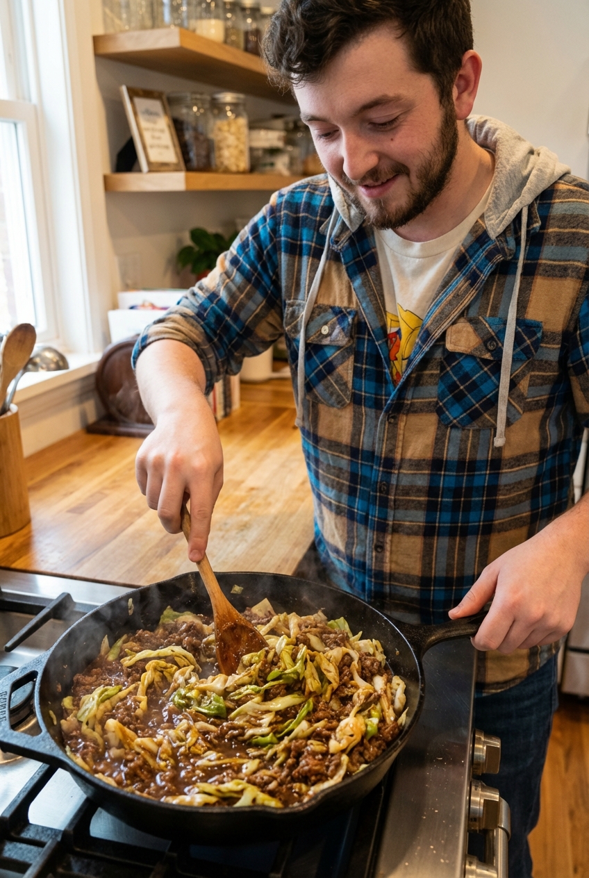A skillet of finished beef mince and cabbage with glossy sauce being stirred with a wooden spoon