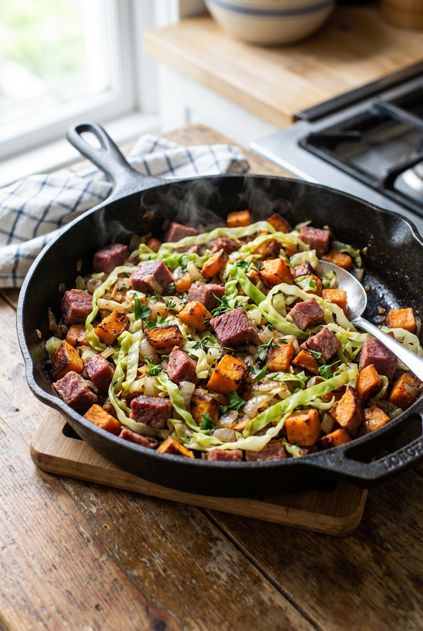A skillet of finished corned beef sweet potato hash with browned edges and wilted cabbage ready to serve