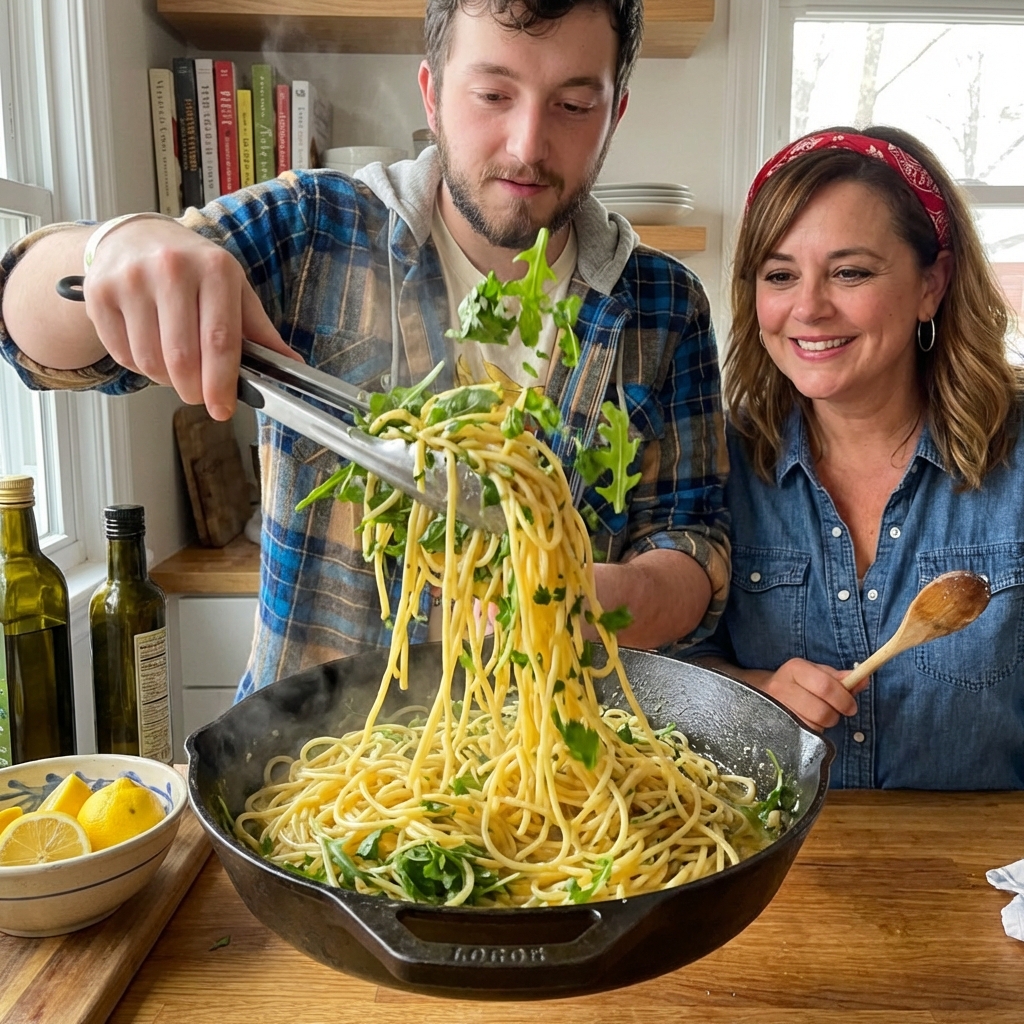 A skillet of finished herb-infused lemon pasta being tossed with tongs, with fresh herbs and arugula just added