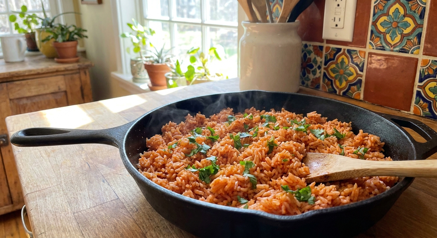 A skillet of fluffy Spanish rice with visible tomato-red grains and chopped cilantro on top, with a wooden spoon nearby in a bright home kitchen