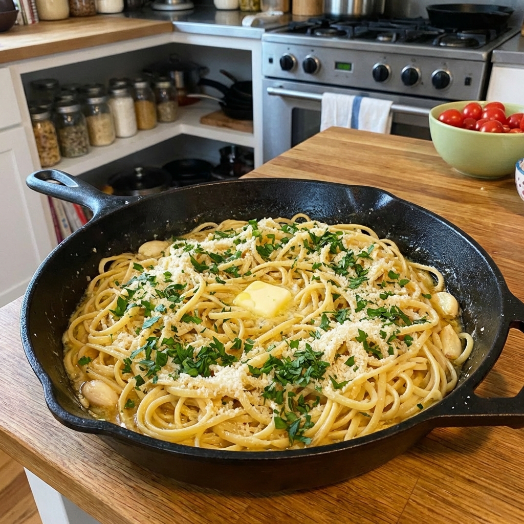 A skillet of garlic butter pasta with parsley and grated cheese