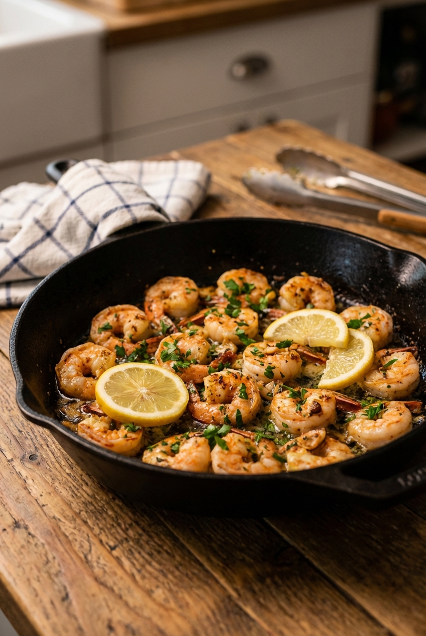 A skillet of garlic butter shrimp with lemon slices and parsley