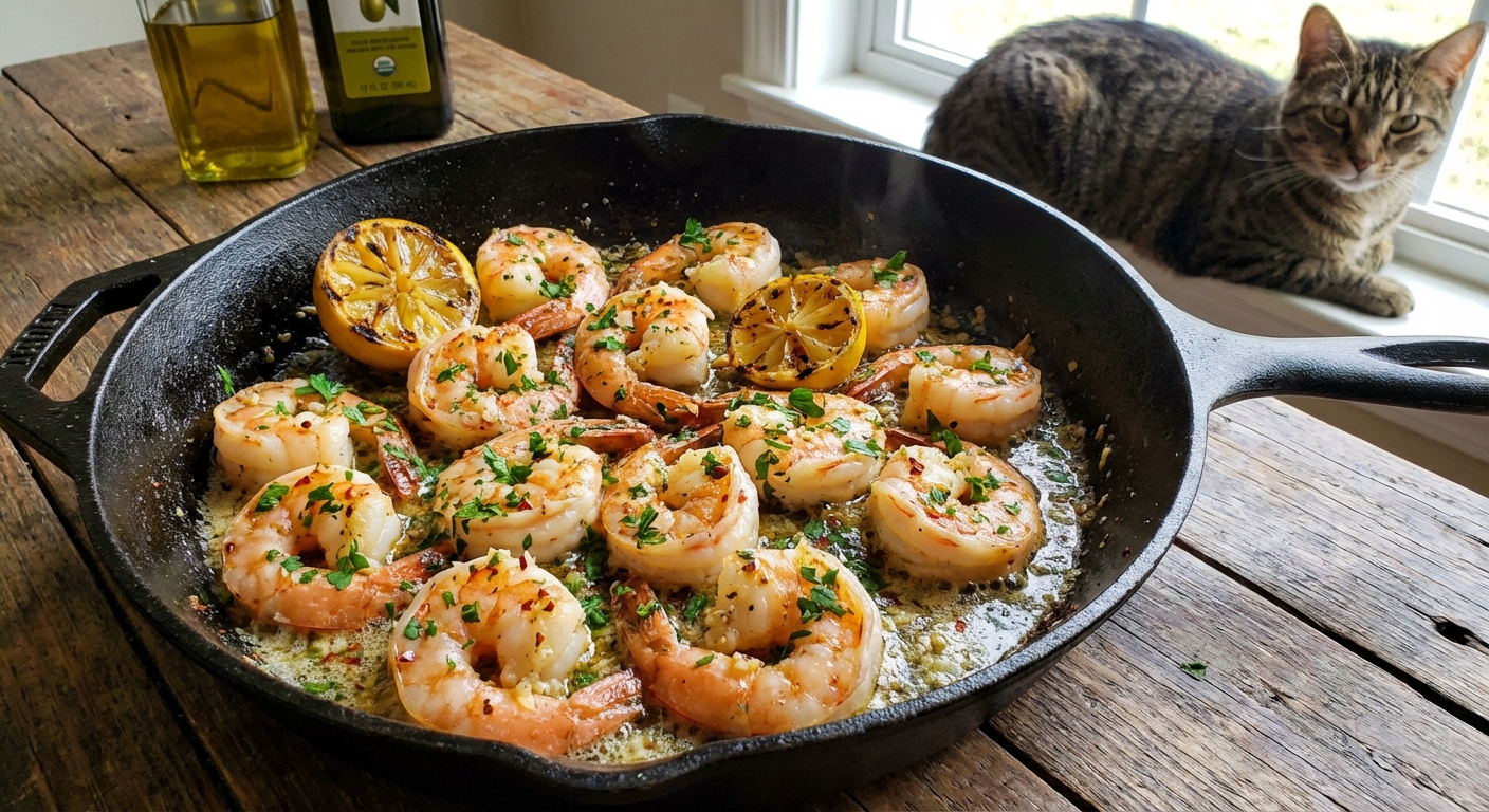 A skillet of garlic butter shrimp with parsley