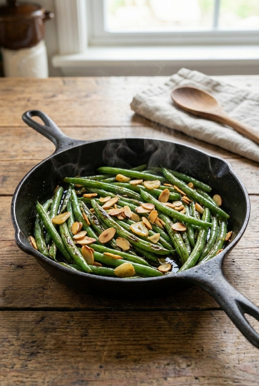 A skillet of garlicky sautéed green beans with toasted almonds