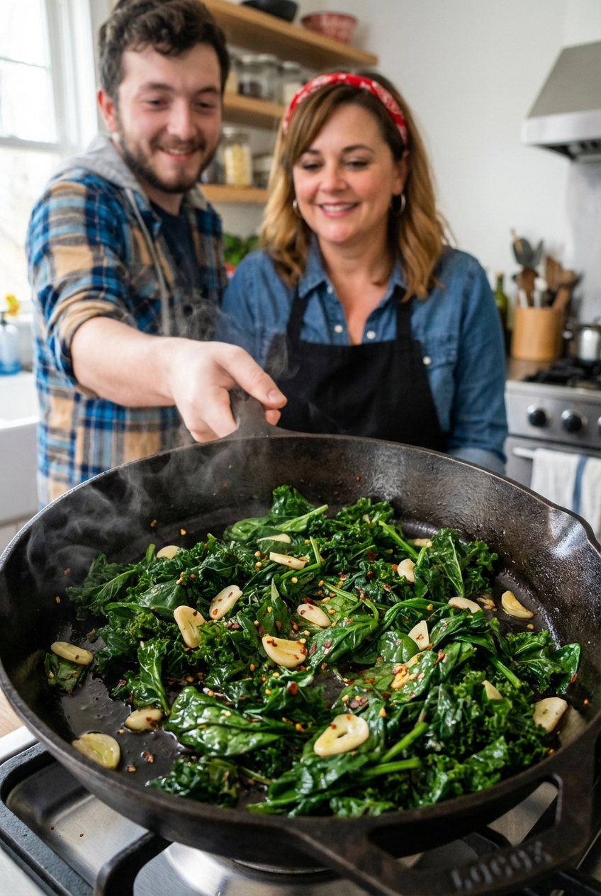 A skillet of garlicky sautéed greens with olive oil and red pepper flakes