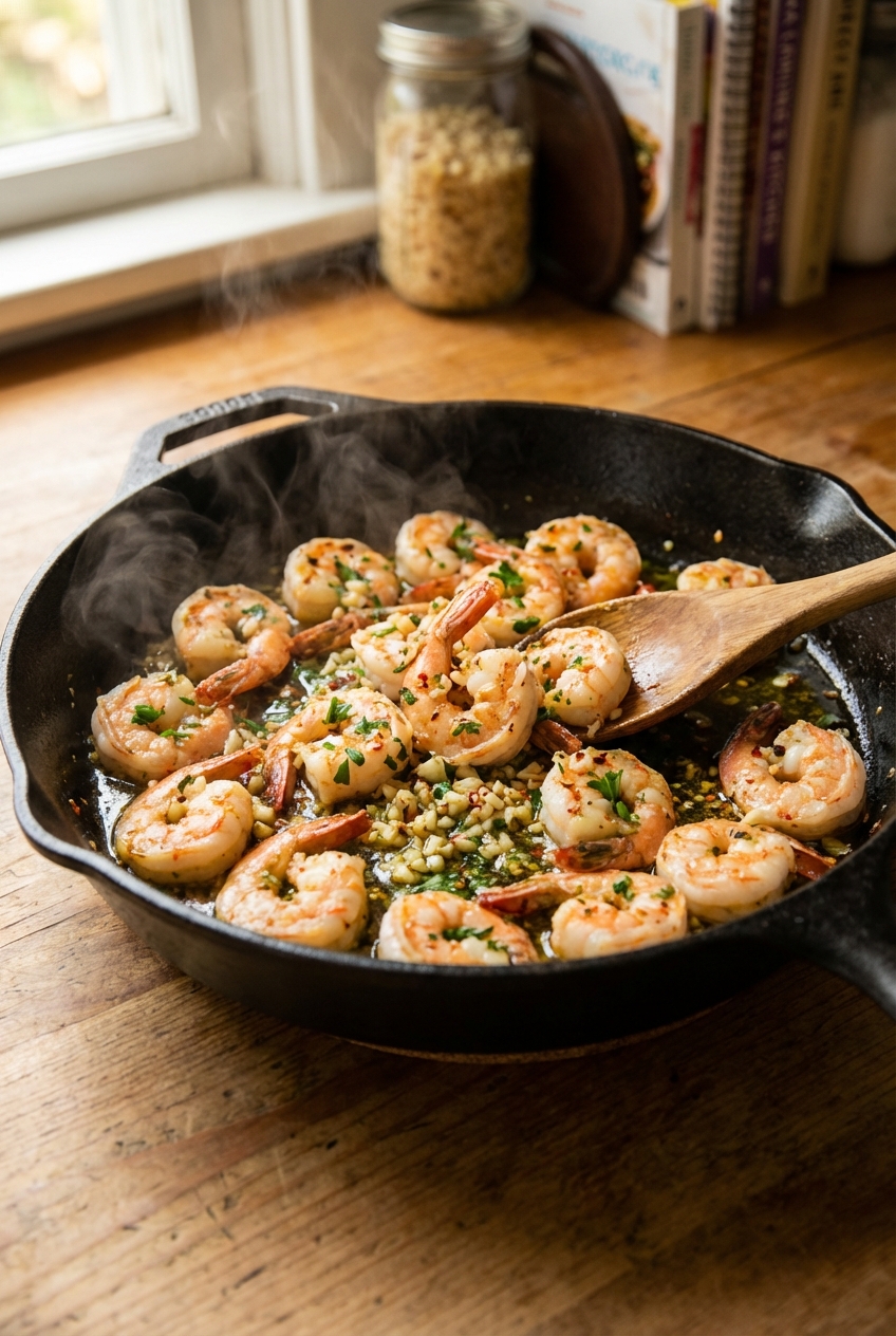 A skillet of garlicky sautéed shrimp