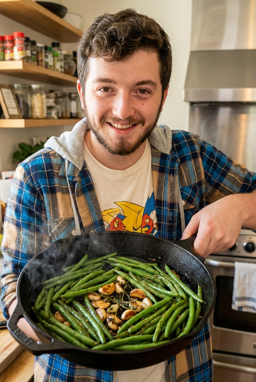 A skillet of garlicky sauteed green beans