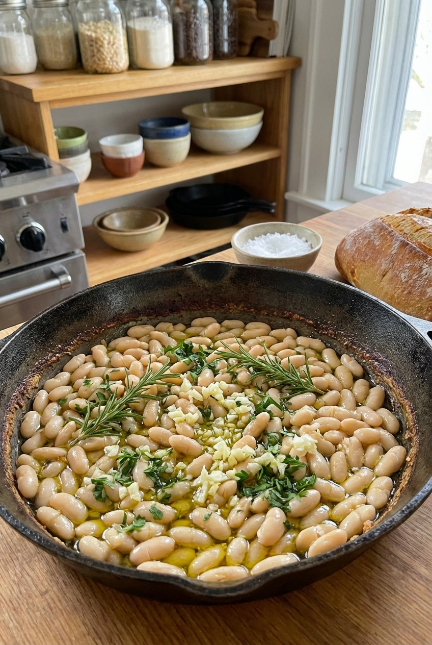 A skillet of garlicky white beans with herbs and olive oil