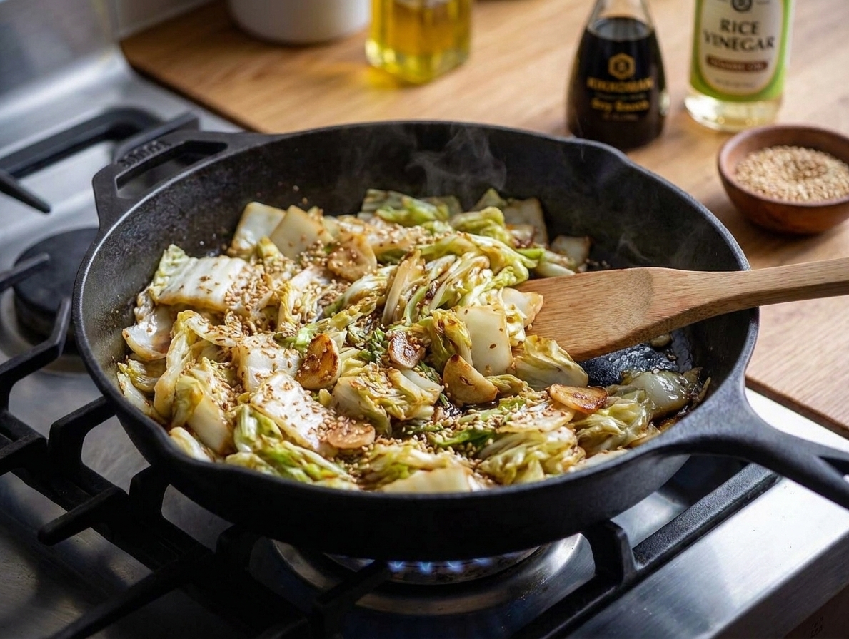 A skillet of glossy garlic sesame Napa cabbage stir-fry with browned edges and scattered toasted sesame seeds, on a stovetop under warm kitchen lighting