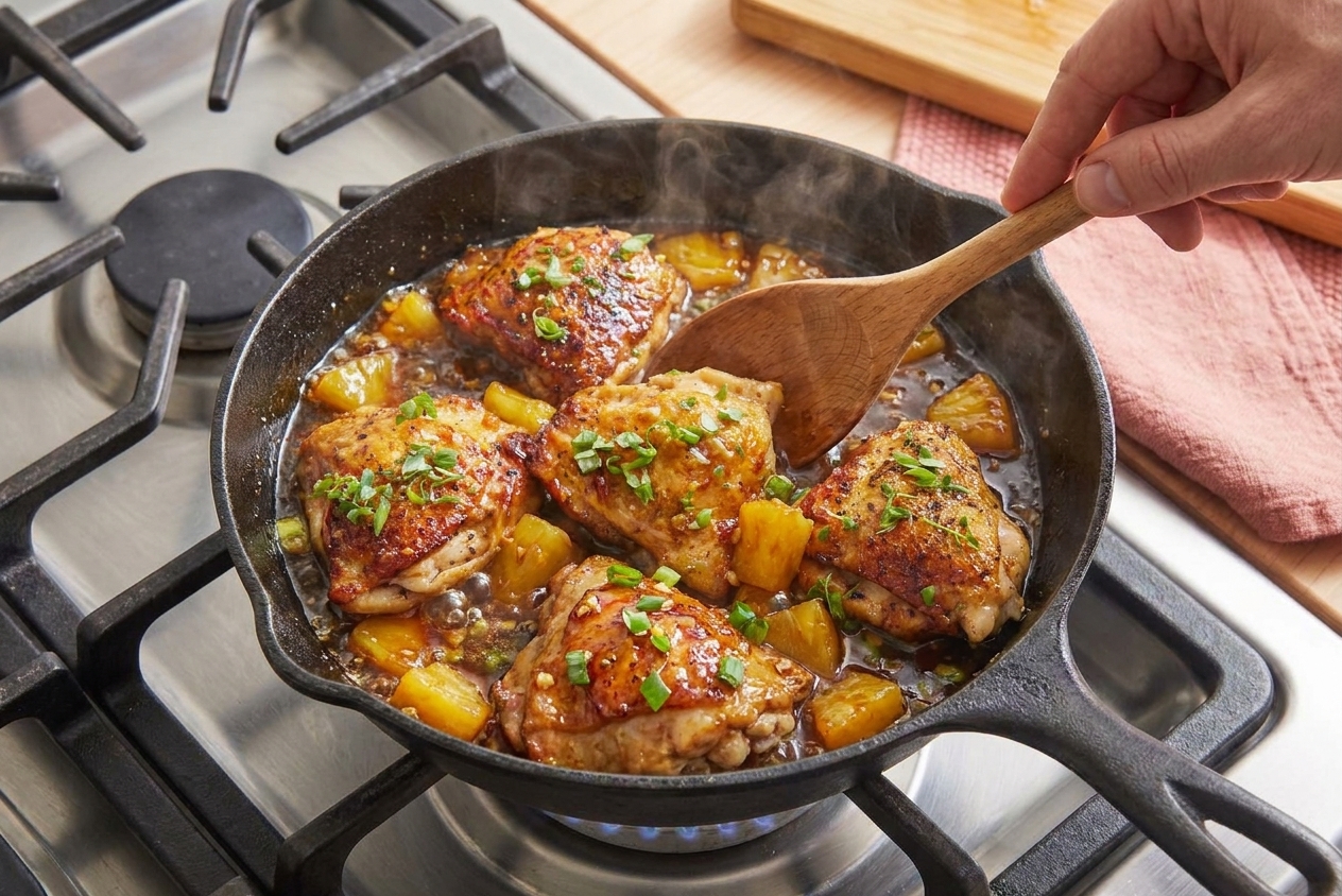 A skillet of glossy pineapple glazed chicken being stirred with a wooden spoon on a stovetop, warm kitchen lighting