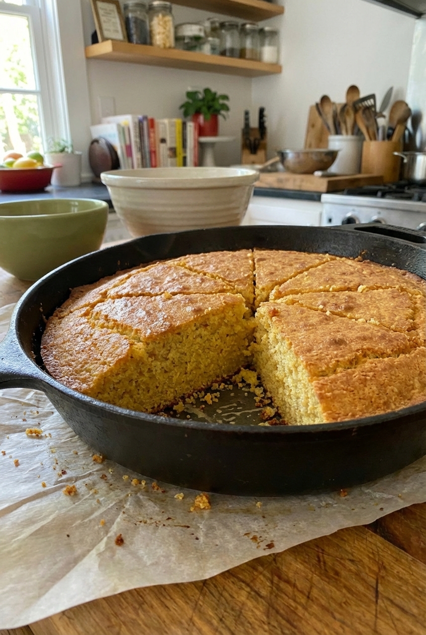 A skillet of golden cornbread wedges on parchment paper