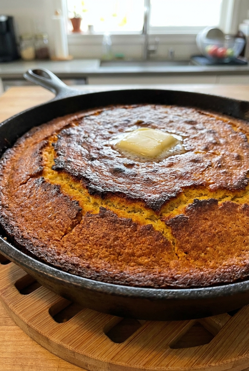 A skillet of golden cornbread with a crisp edge