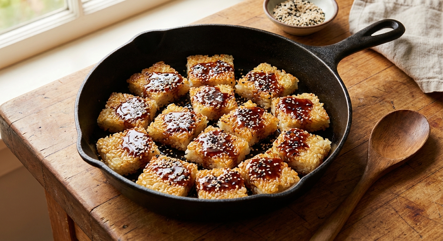 A skillet of golden crispy rice squares drizzled with glossy sweet soy glaze and sprinkled with sesame seeds on a wooden countertop