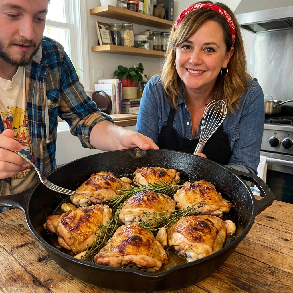 A skillet of golden roasted chicken thighs with crispy skin and herbs