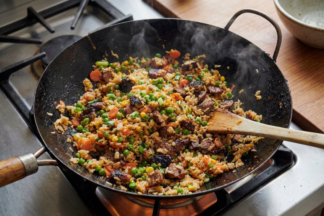 A skillet of homemade fried rice with mixed vegetables and scrambled egg, steam rising on a warm kitchen stove