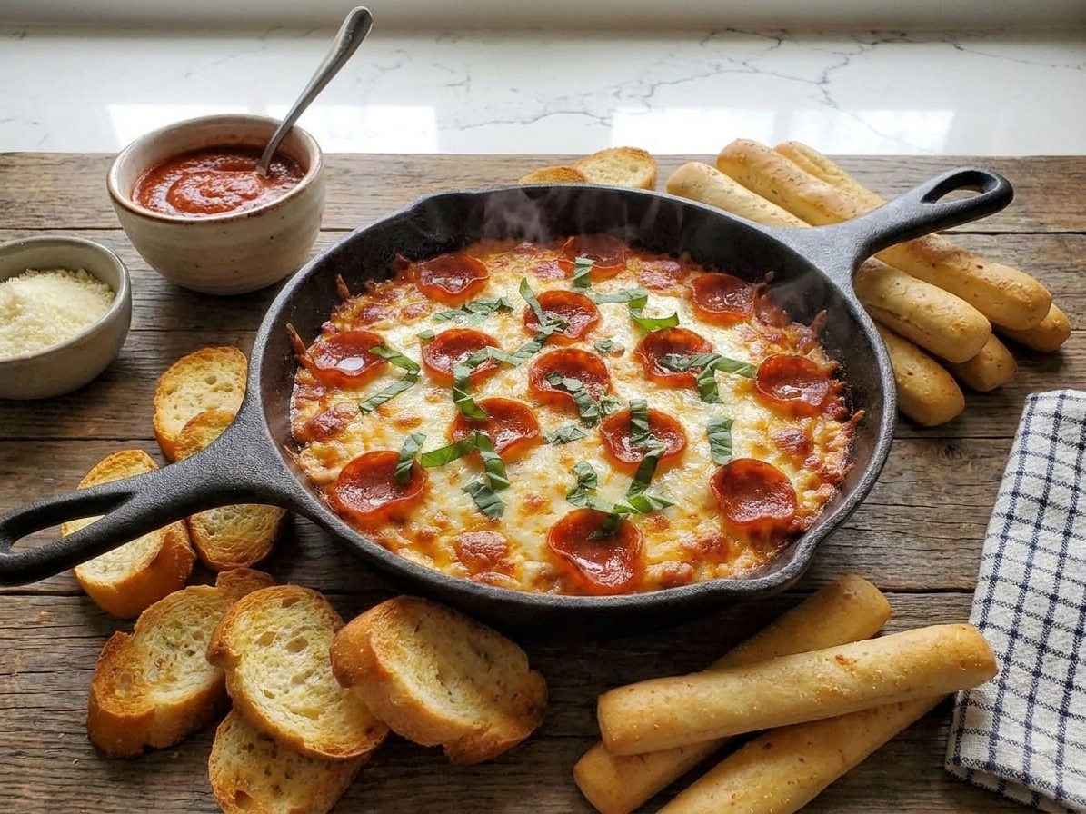 A skillet of hot pizza dip on a wooden table surrounded by toasted baguette slices and breadsticks ready for dipping