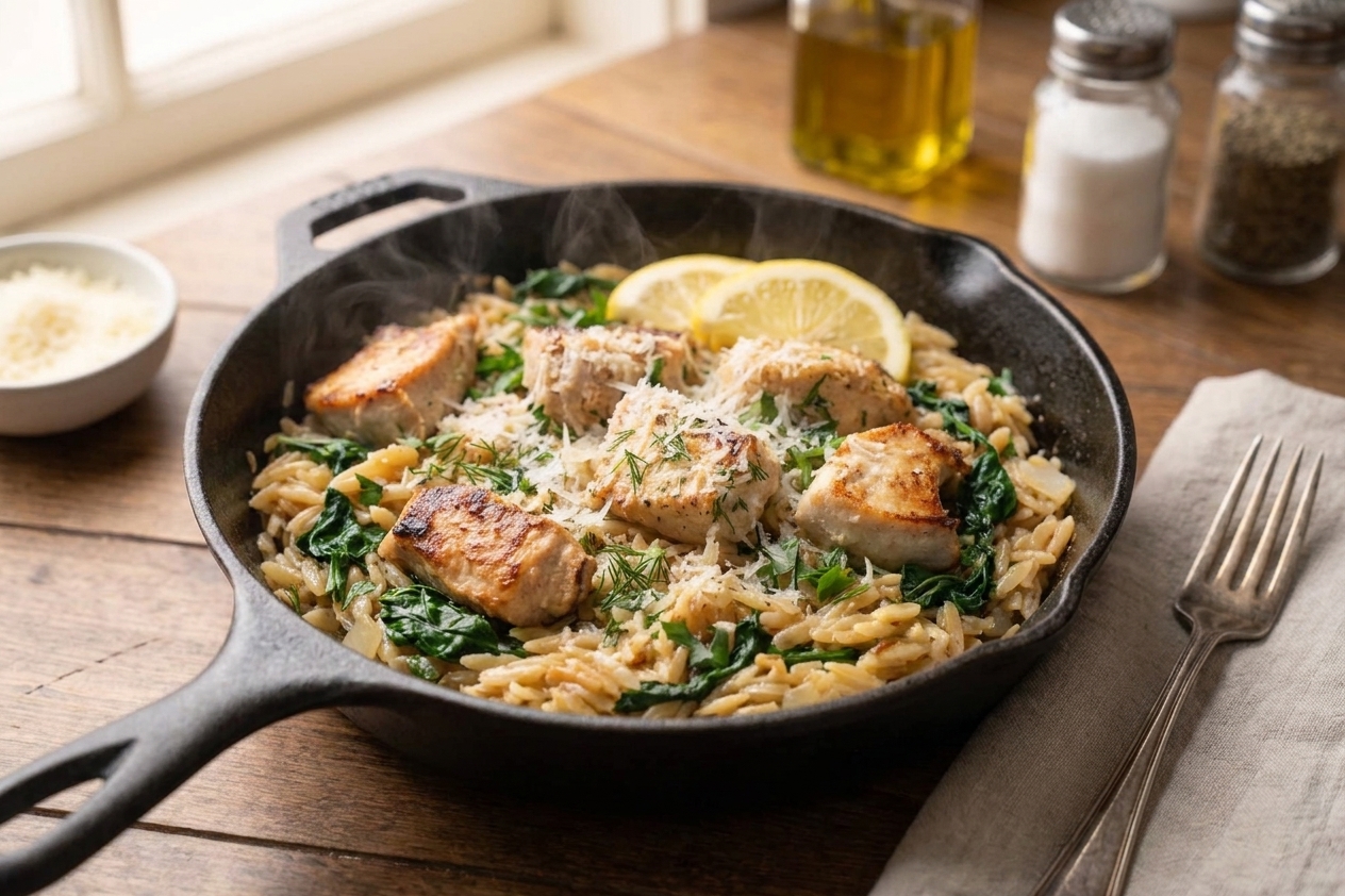 A skillet of lemon garlic chicken and orzo with wilted spinach, golden seared chicken pieces, and fresh herbs on top on a warm kitchen counter