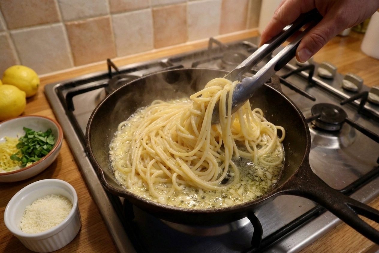 A skillet of lemon garlic pasta being tossed with tongs on a home stove, steam rising, bright herbs and grated cheese nearby on a warm kitchen counter