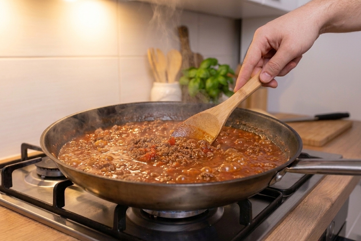 A skillet of marinara and meat sauce gently simmering on the stovetop with small bubbles around the edges