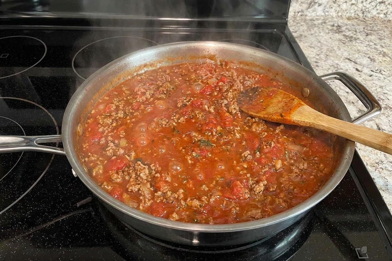 A skillet of meat marinara sauce gently simmering with a wooden spoon resting in the pan