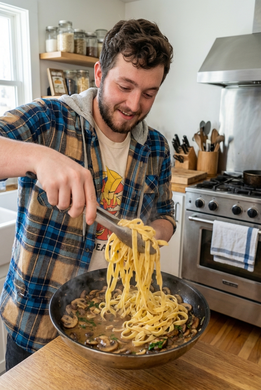 A skillet of mushroom brown butter sauce being tossed with fresh pasta using tongs