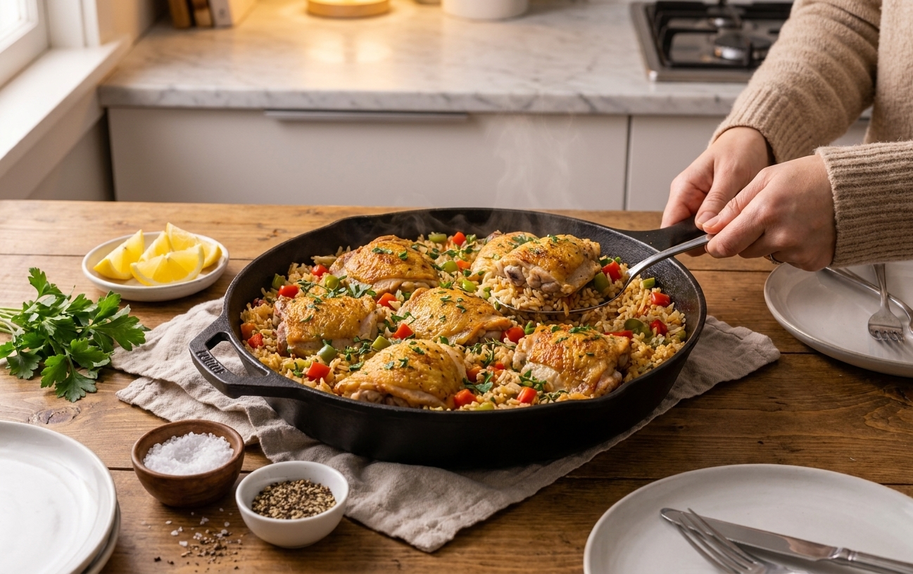 A skillet of one-pan chicken and rice with bell peppers and herbs, served family-style on a kitchen table with warm lighting