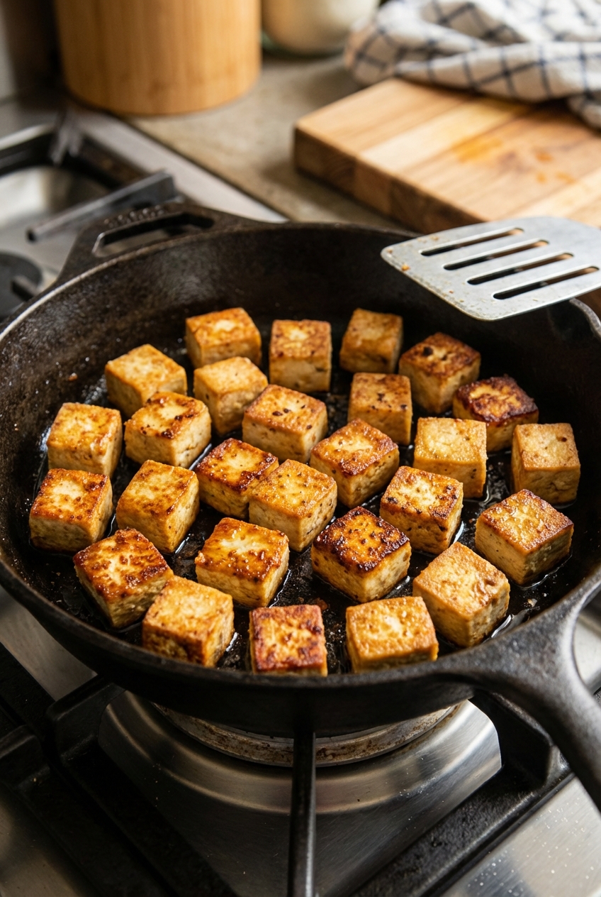 A skillet of pan-fried tofu cubes with golden crust