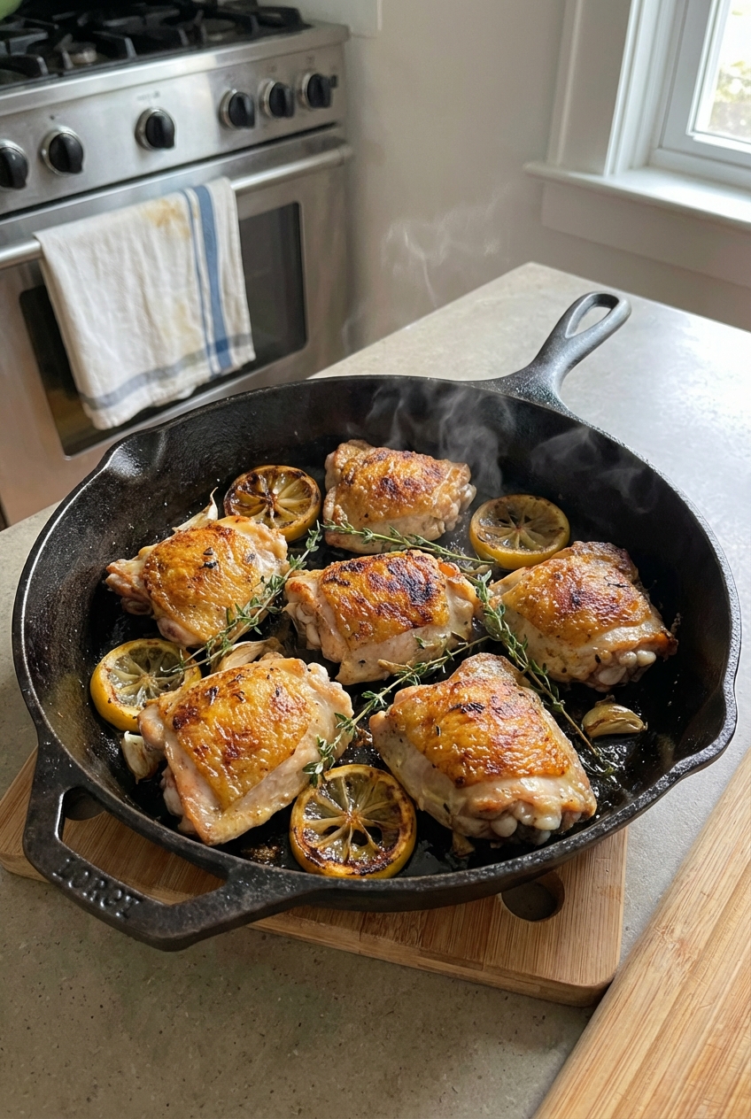 A skillet of pan seared chicken thighs with golden skin and lemon slices